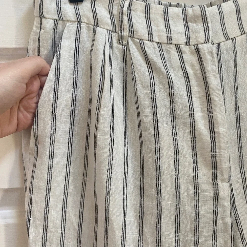 NWT Quince European Linen Women 8 Wide Leg Pant Oatmeal Stripe Eco Coastal